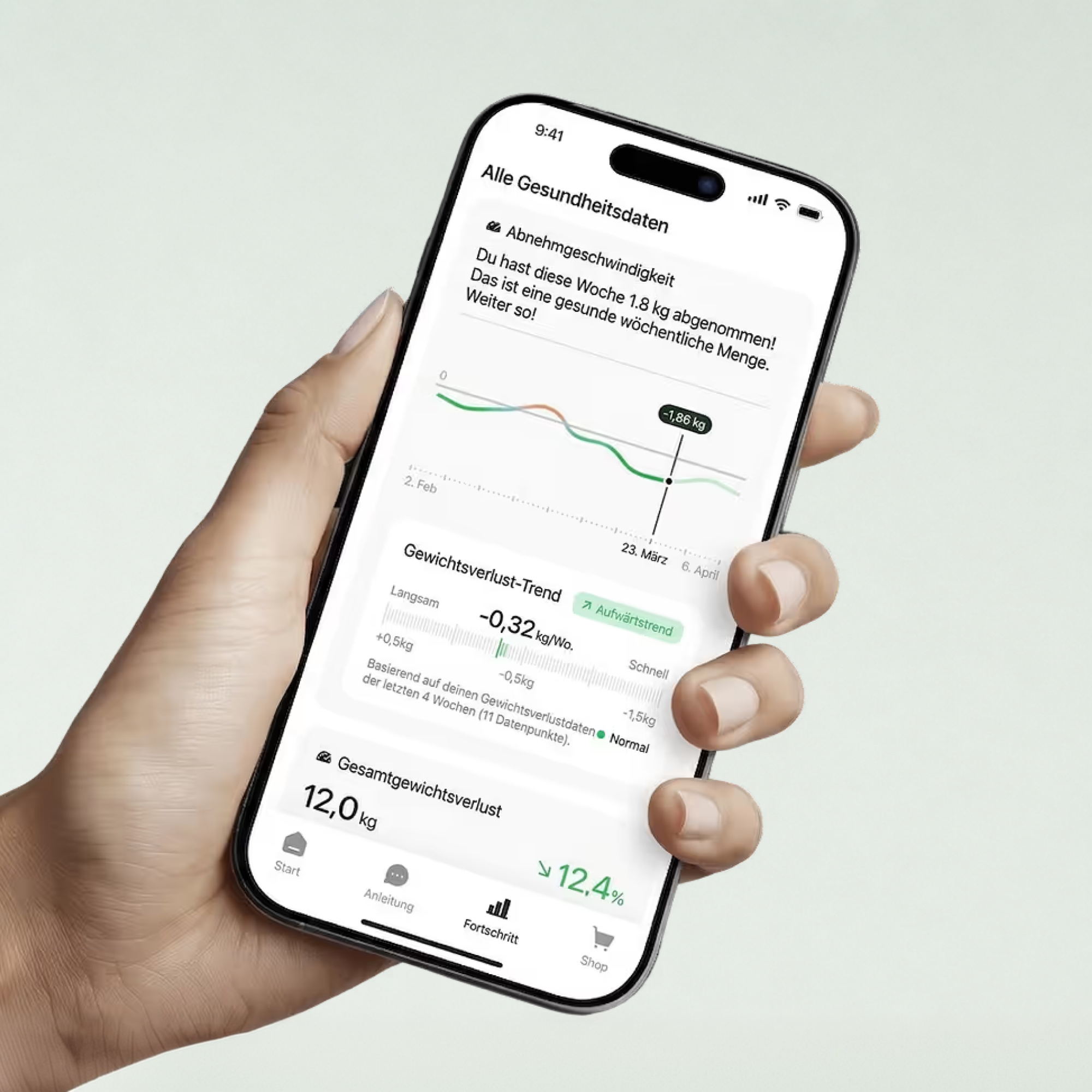 Hand hält ein Smartphone mit den Gesundheitsdaten in der blume App